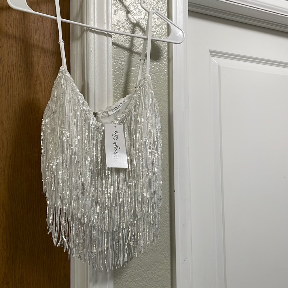 12TH TRIBE white and silver sequins western style fringe summer top 🦋